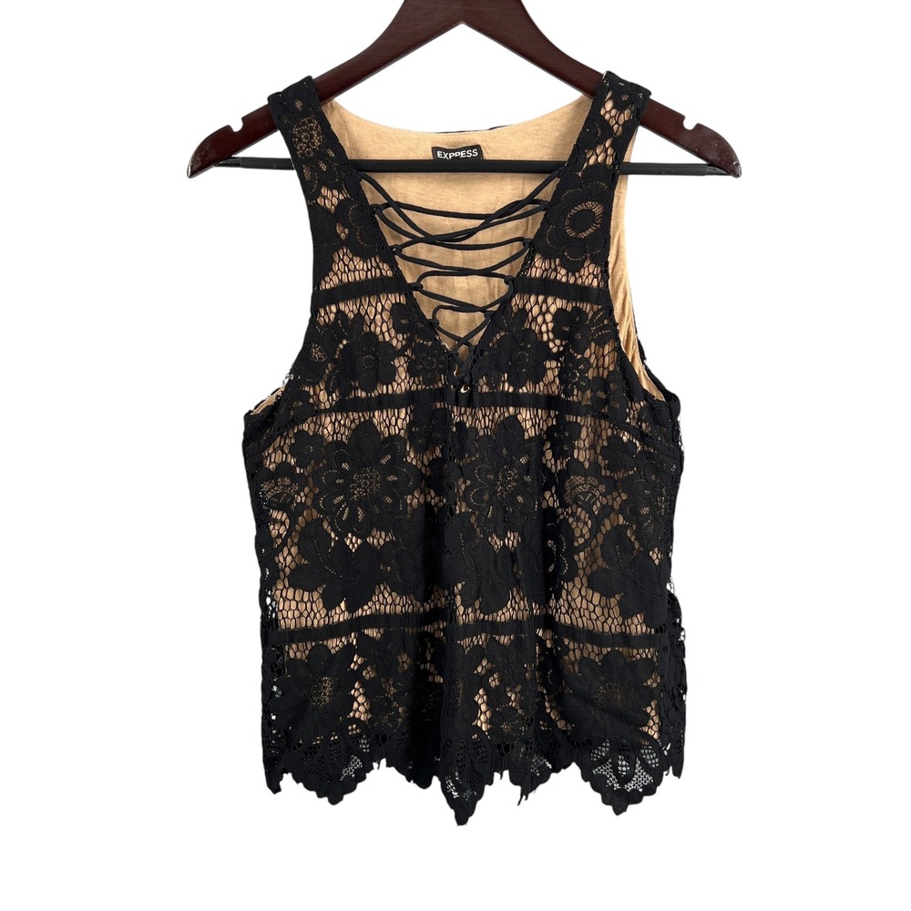 Express Black Floral Lace Up Tank Top Sleeveless Party Casual Blouse Medium